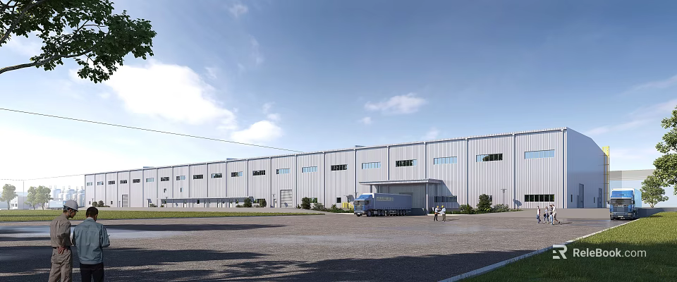 Modern Industrial Factory Building With Large Windows Delivery Truck And Parking Area In Front 3d model 