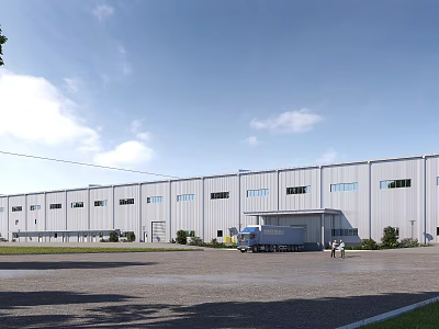 Modern Industrial Factory Building With Large Windows Delivery Truck And Parking Area In Front 3d model
