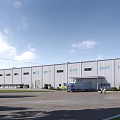 Modern Industrial Factory Building With Large Windows Delivery Truck And Parking Area In Front
