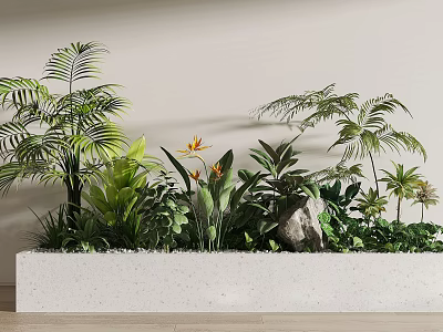 Green Plants And Orange Flowers In White Rectangular Planter With Palm Leaves Ferns Stone Accents 3d model