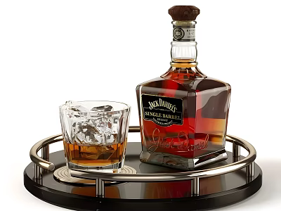 Elegant Bourbon Whiskey Bottle And Glass With Ice On Metal Tray 3d model