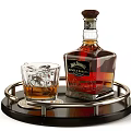 Elegant Bourbon Whiskey Bottle And Glass With Ice On Metal Tray