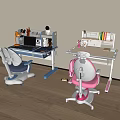 Blue And Pink Kids Study Desks With Chairs Stationery Books And Laptop