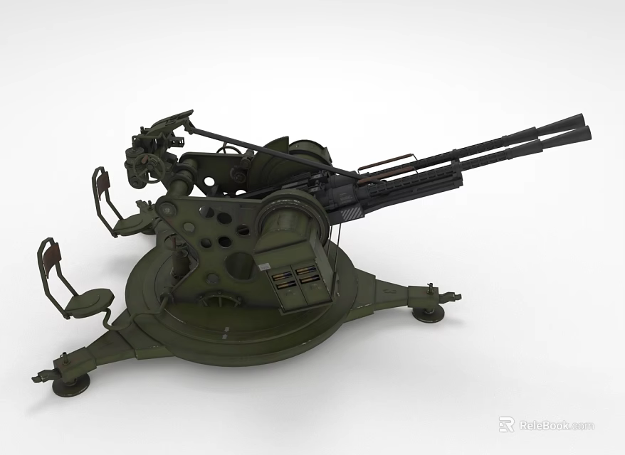 Green Military Dual Barrel Anti Aircraft Gun With Mobile Base And Seat 3d model 