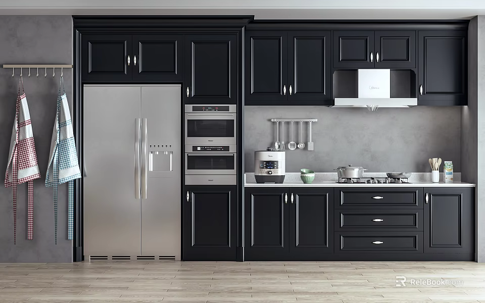 Black Cabinets In Modern Kitchen Interior With Stainless Steel Refrigerator Oven And Range Hood 3d model 