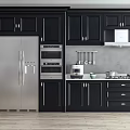 Black Cabinets In Modern Kitchen Interior With Stainless Steel Refrigerator Oven And Range Hood