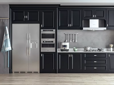 Black Cabinets In Modern Kitchen Interior With Stainless Steel Refrigerator Oven And Range Hood 3d model