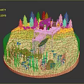 Cartoon Scene With Wooden Cabin Dock Boat Trees And Water Area On Circular Base