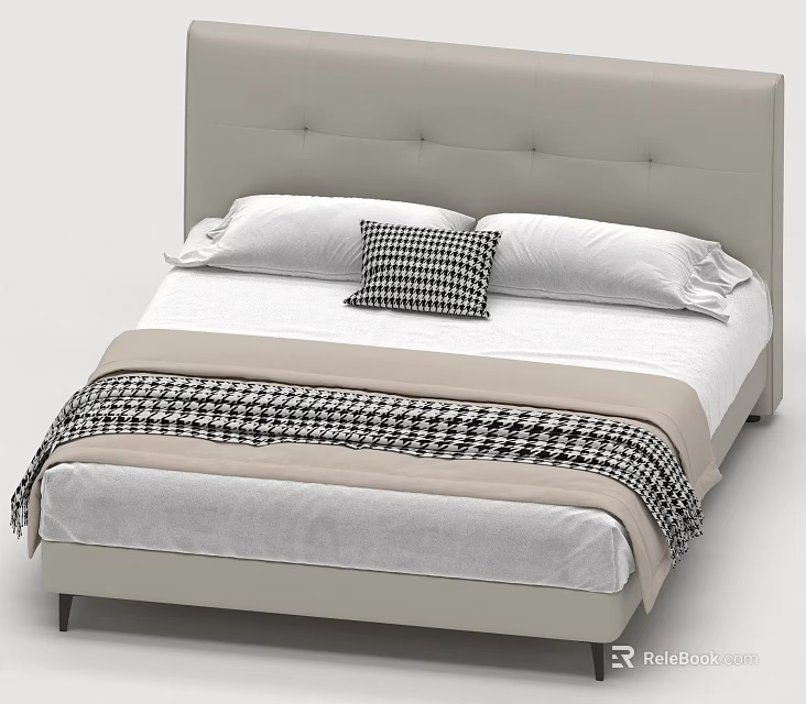 Double Bed with Upholstered Headboard White Sheets and Checkered Throw Pillow 3d model