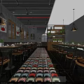 Vintage Industrial Restaurant Interior With Colorful Floor Tiles Pendant Lights Wooden Tables And Wall Art