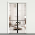 Modern Glass Partition Doors With Vertical Stripes And Black Metal Frames