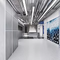 Modern Office Corridor Interior With Lighting Decorative Wall Digital Screens And Data Displays