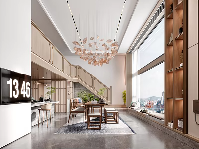 Modern Apartment Interior With High Ceiling Large Windows And Dining Area 3d model