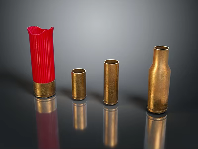 Weapon Bullet Casings in Golden and Red with Various Sizes on Reflective Surface 3d model