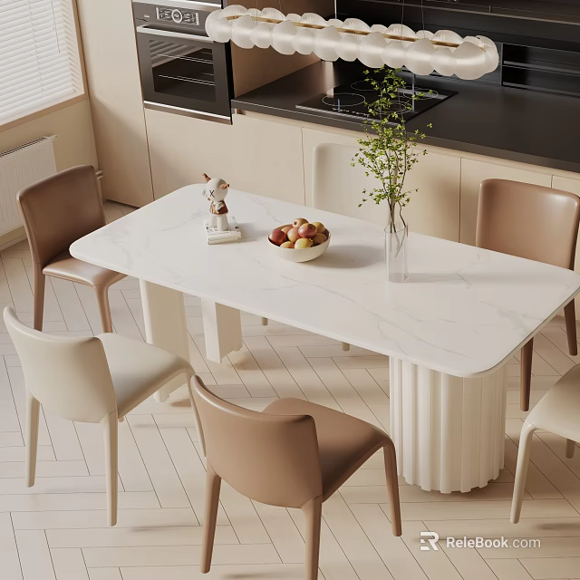 White Marble Dining Table Set With Beige And White Chairs Vase Green Plants Fruit Bowl 3d model 