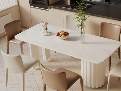 White Marble Dining Table Set With Beige And White Chairs Vase Green Plants Fruit Bowl 3d model
