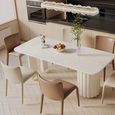 White Marble Dining Table Set With Beige And White Chairs Vase Green Plants Fruit Bowl 3d model