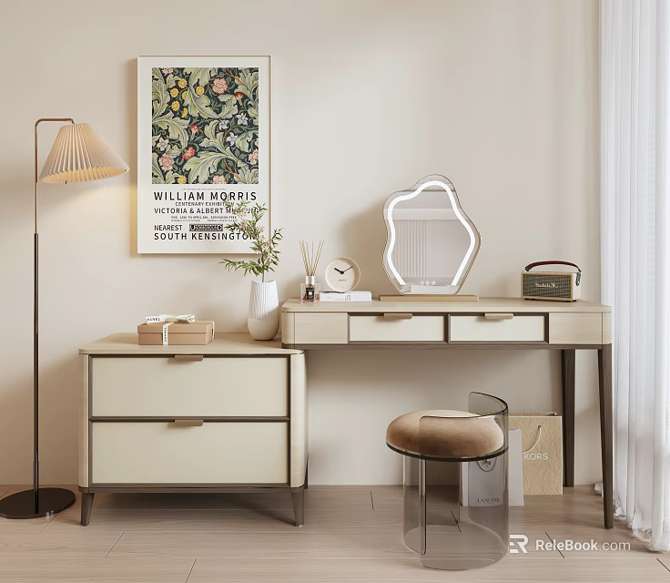 Elegant Modern Dressing Table With Hexagonal Mirror Floor Lamp Drawers And Stool 3d model 