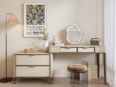 Elegant Modern Dressing Table With Hexagonal Mirror Floor Lamp Drawers And Stool 3d model