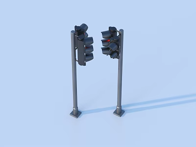 Two Black Traffic Light Models Standing On Light Blue Background With Shadows 3d model