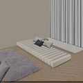 Beige Walls Herringbone Wooden Floor Two Padded Benches With Cushions White Curtains Green Plants