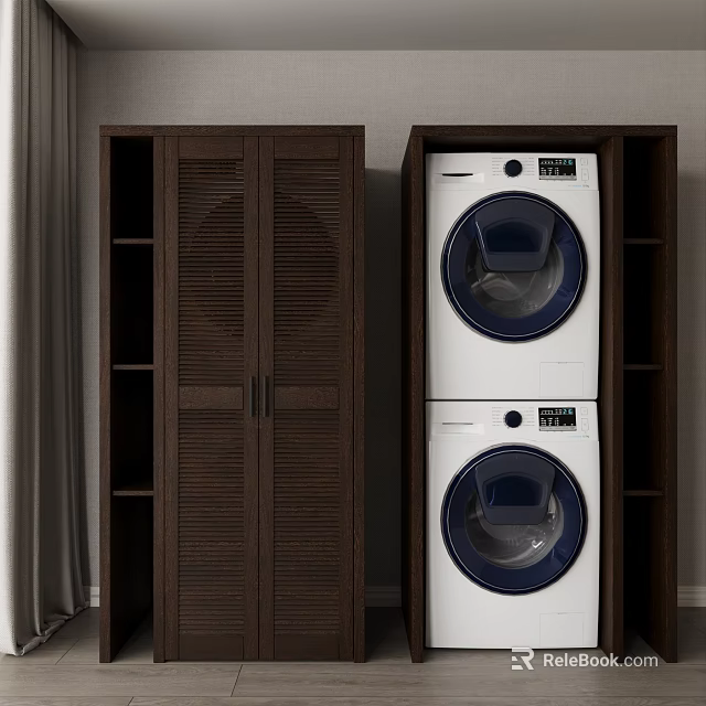 Home Laundry Setup With Dark Wooden Cabinet And Stacked White Washing Machines 3d model 