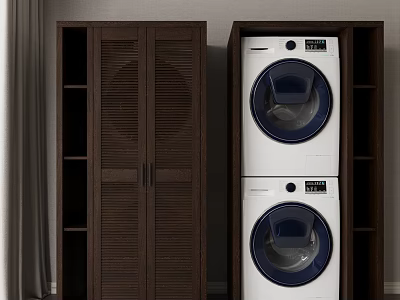 Home Laundry Setup With Dark Wooden Cabinet And Stacked White Washing Machines 3d model