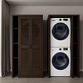 Home Laundry Setup With Dark Wooden Cabinet And Stacked White Washing Machines
