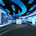 Modern Tech Exhibition Hall Interior With Blue Lighting And Digital Displays