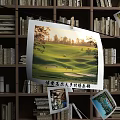 Wooden Bookshelf Interior With Stacked Books And Hanging Decorative