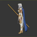 Woman in Golden Armor with White Hair Holding Staff and Blue Cape Standing