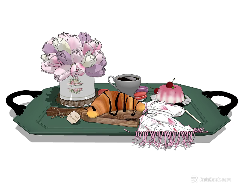 Delicious Breakfast Food Platter with Croissant Coffee and Pink Dessert on Green Tray 3d model 