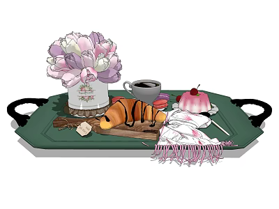 Delicious Breakfast Food Platter with Croissant Coffee and Pink Dessert on Green Tray 3d model