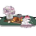 Delicious Breakfast Food Platter with Croissant Coffee and Pink Dessert on Green Tray