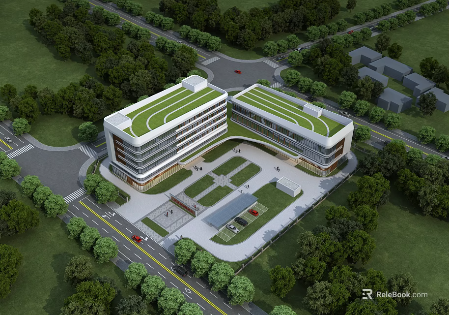 Modern Hospital Building With Green Roof Surrounded by Trees and Central Courtyard Area 3d model 