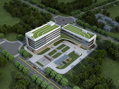 Modern Hospital Building With Green Roof Surrounded by Trees and Central Courtyard Area 3d model