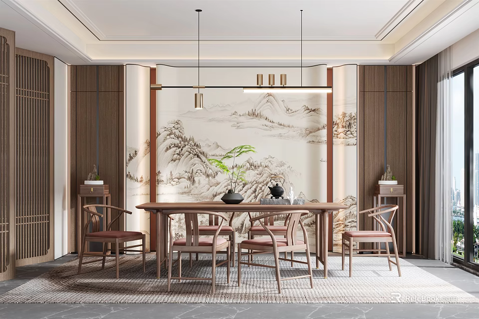 Chinese Style Restaurant Interior Featuring Landscape Painting Wall Wooden Dining Table Chairs And Hanging Lights 3d model 