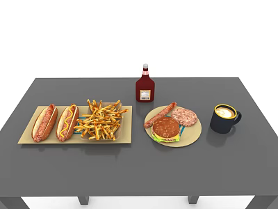 Hamburger Hot Dog Fries Ketchup Coffee Meatloaf Ham Sausage Plate Tableware 3d model