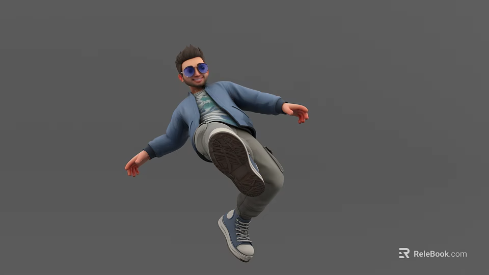A Man Jumping Wearing Blue Jacket Gray Pants And Sneakers With Sunglasses Against Gray Background 3d model 