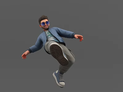 A Man Jumping Wearing Blue Jacket Gray Pants And Sneakers With Sunglasses Against Gray Background 3d model