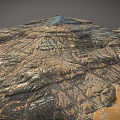 Desolate Rocky Mountain Landscape With Layered Terrain Gullies And Multicolored Hues In Brown Orange Blue