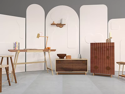 Modern Wooden Console Cabinet and Sideboard with Woven Rattan Details Minimalist Entryway Wall Decor and Ornaments 3d model
