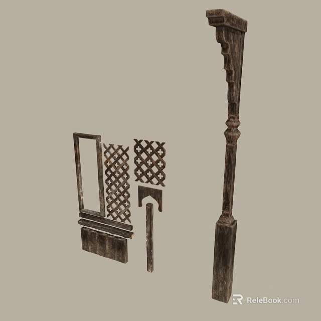 Vintage Wooden Decorative Ornament Set With Carved Frames Lattice Patterns And Columns 3d model 