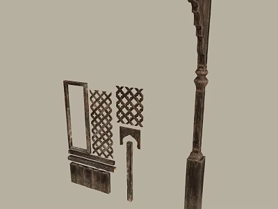 Vintage Wooden Decorative Ornament Set With Carved Frames Lattice Patterns And Columns 3d model