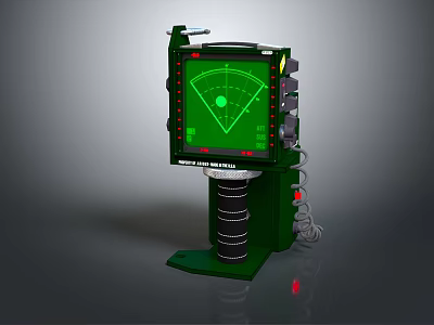 Green Radar Monitoring Device With Fan Shaped Display Screen Cylindrical Base And Connected Cables 3d model