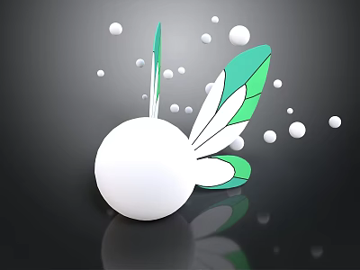 White Spherical Creature With Green White Wing Structures And Floating Dots On Black Background 3d model