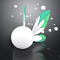 White Spherical Creature With Green White Wing Structures And Floating Dots On Black Background