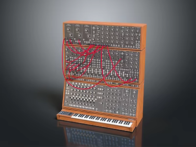 Modular Synthesizer Musical Instrument With Wooden Case Knobs Red Cables And Keyboard 3d model