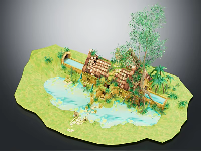 Cartoon Scene with Thatched Roof Houses Small River and Green Palm Trees 3d model