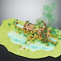 Cartoon Scene with Thatched Roof Houses Small River and Green Palm Trees